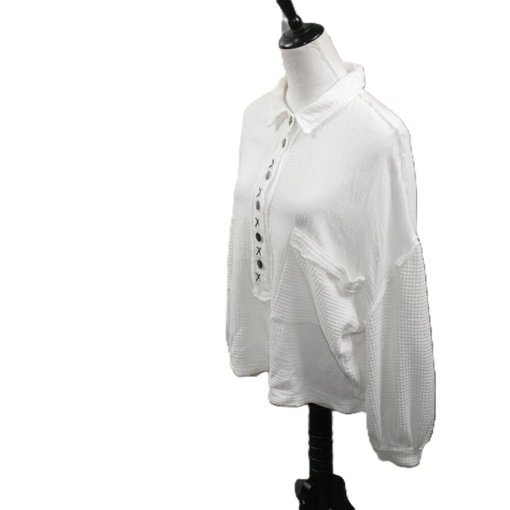 Pol White Multi-Media Button Front Oversized Blou… - image 3